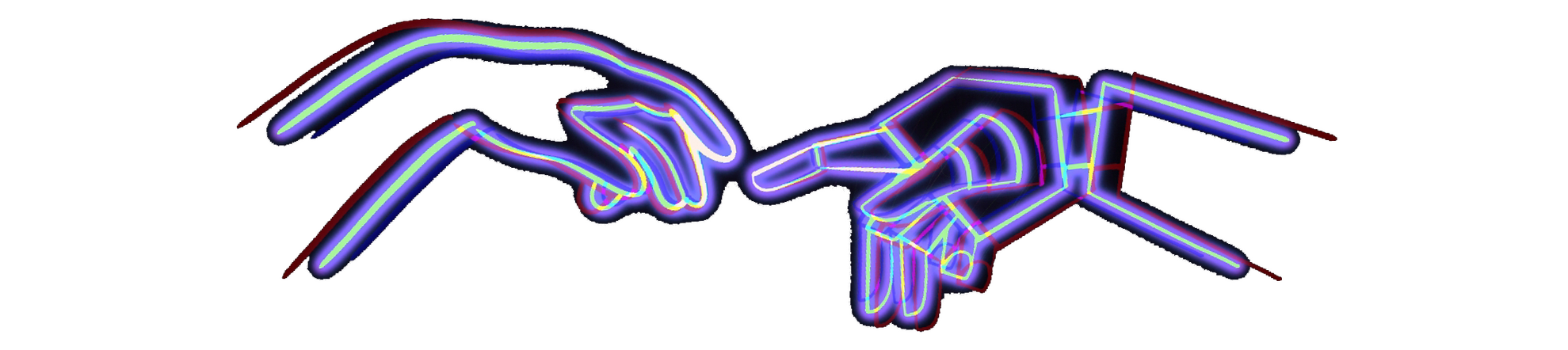Two hands reach towards each other, mimicking Michelangelo's "Creation of Adam". One is human, the other is robotic. The linework glows and appears to glitch.